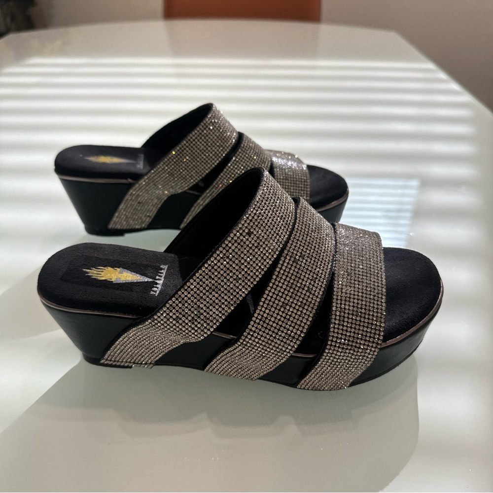 Volatile Black and Silver Wedge Sandals